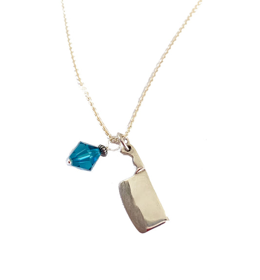 Chef's Cleaver Knife Pendant Necklace with Aqua Blue Swarovski Crystal Charm