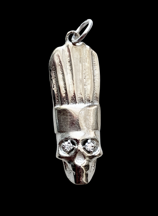Chef Skull Charm in Sterling Silver with Lab Created Diamond Eyes