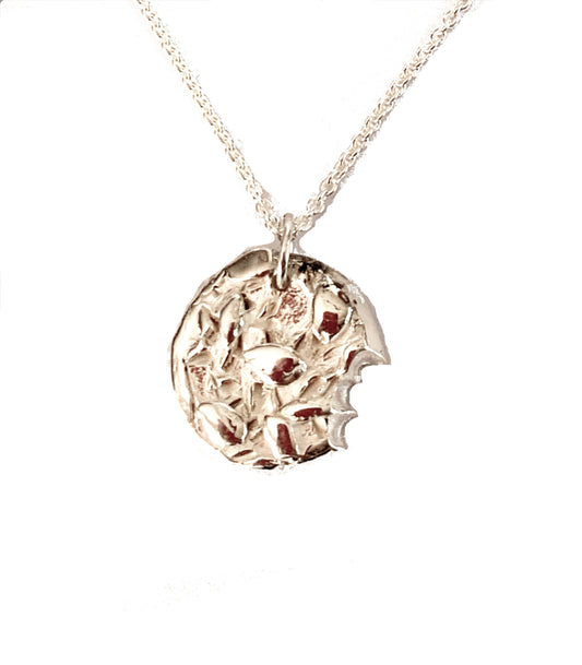 sterling silver oatmeal cookie pendant necklace with bite taken out