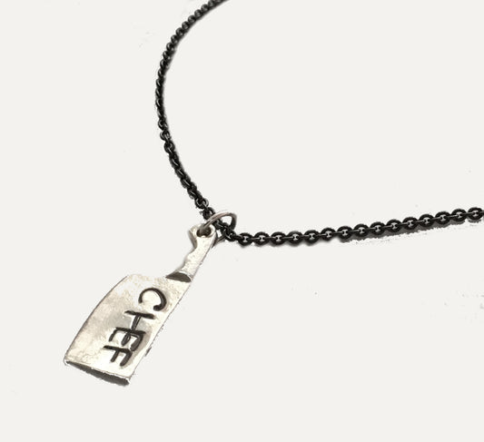 Handstamped Chef Cleaver Knife Pendant Necklace with Black Silver Chain