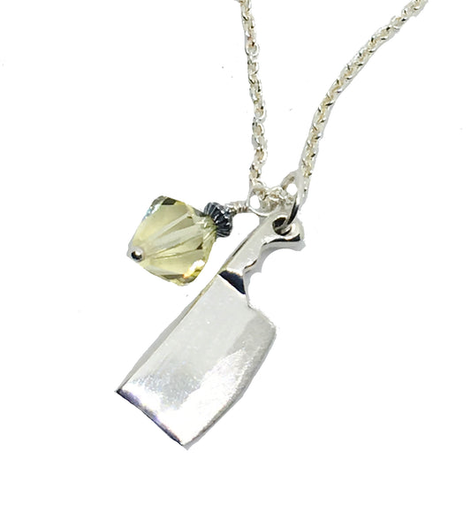 cleaver knife pendant necklace with yellow crystal dangle in sterling silver