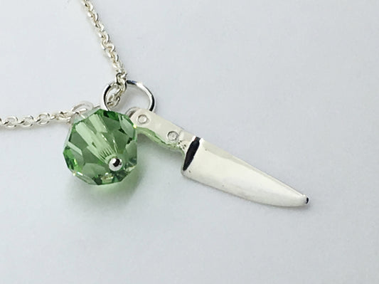 Chef's Knife Pendant Necklace with Green Swarovski Crystal Charm
