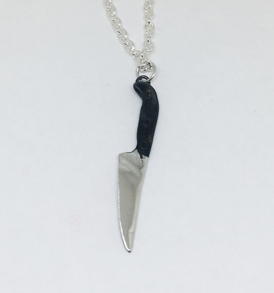 Large Sterling Chef Knife Pendant Necklace with Black Handle