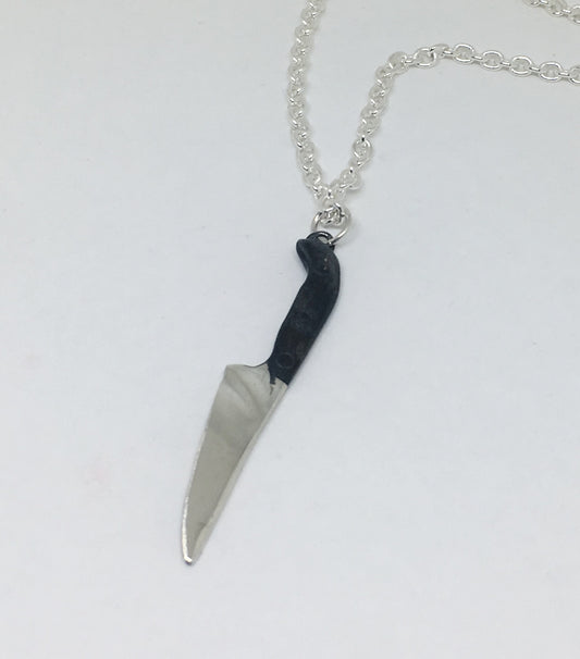 Large Sterling Chef Knife Pendant Necklace with Black Handle