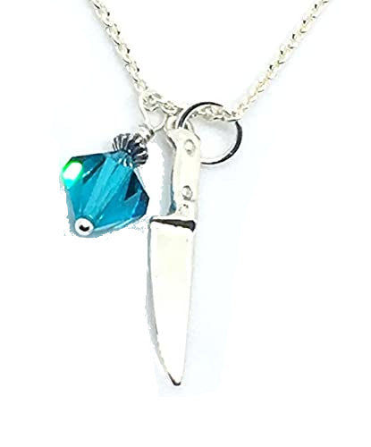 chef knife pendant necklace with aqua blue crystal charm