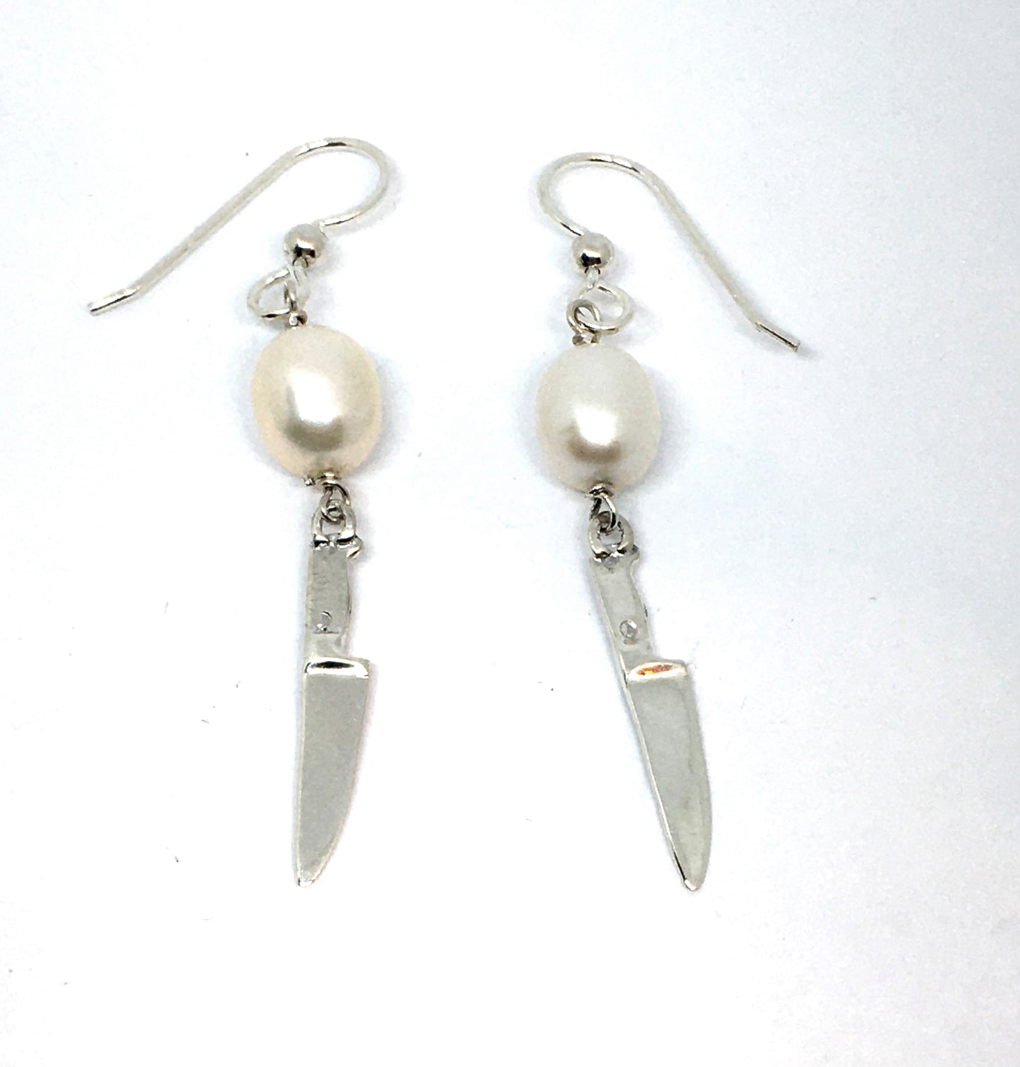 Sterling Silver Chef Knife Earrings with Pearl