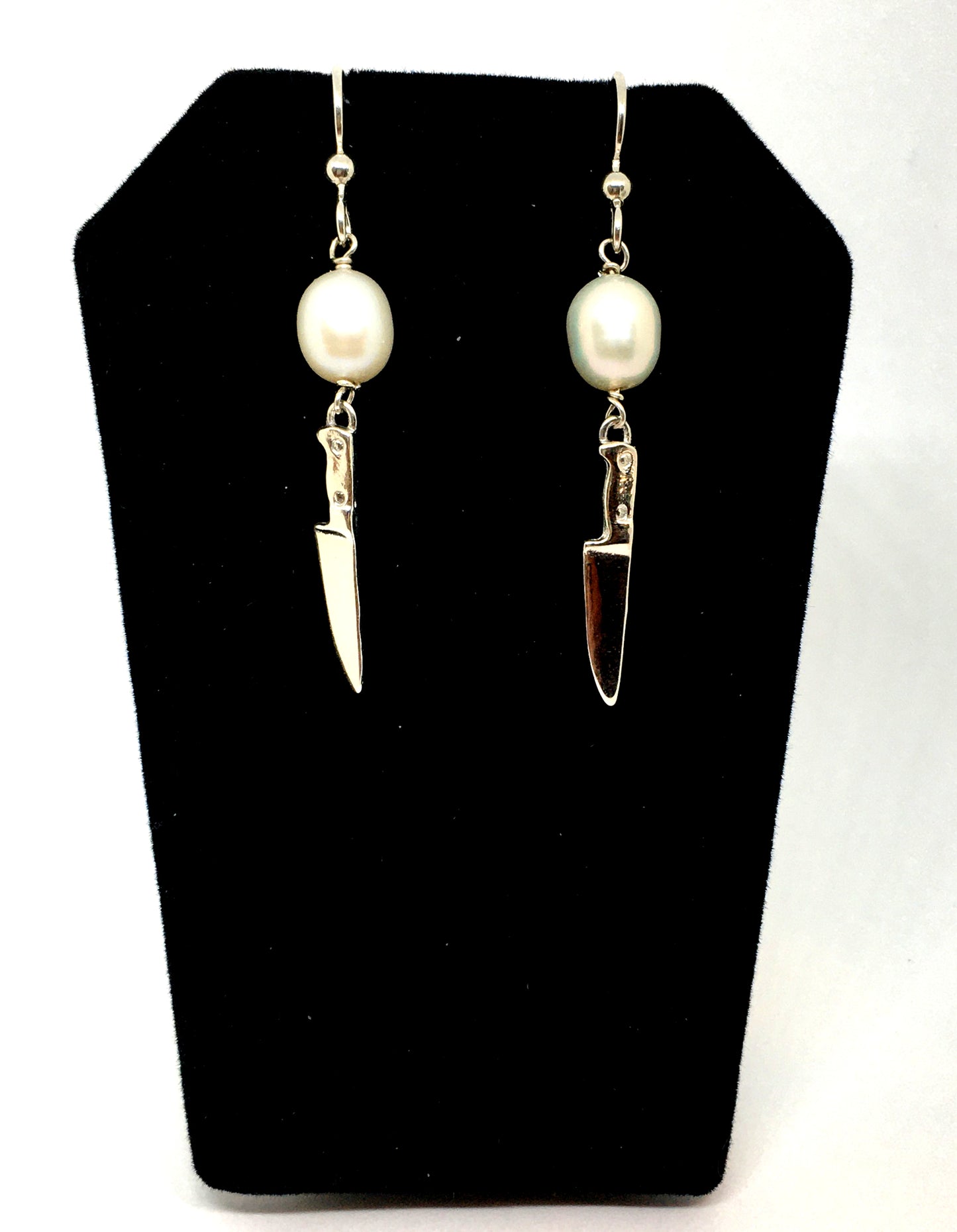Sterling Silver Chef Knife Earrings with Pearl