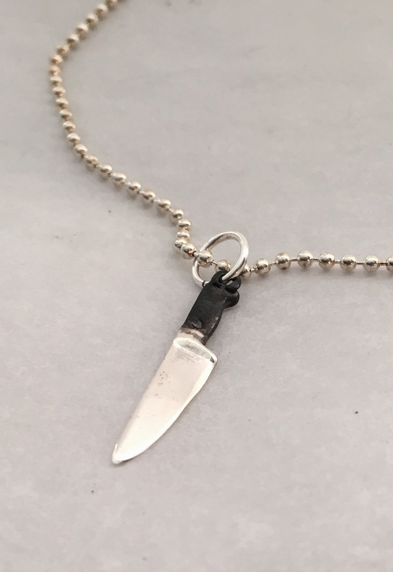 Sterling Chef Knife Pendant Necklace with Black Handle and Bead