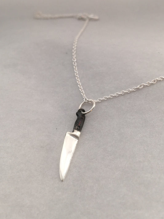 Sterling Chef Knife Pendant Necklace with Black Handle
