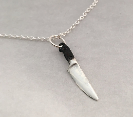 Sterling Chef Knife Pendant Necklace with Black Handle