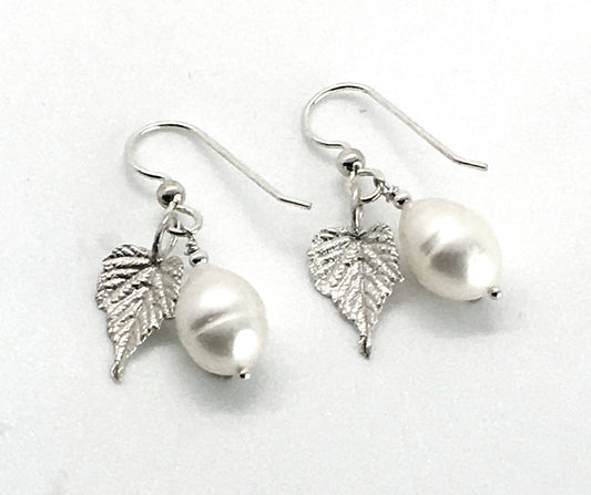 Pearl Earrings with Sterling Silver Grape Leaves