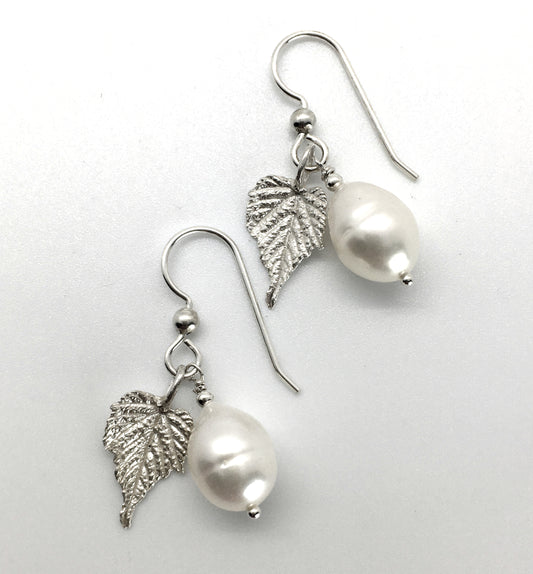 Pearl Earrings with Sterling Silver Grape Leaves