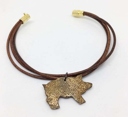 Leather Bangle with Pig Charm