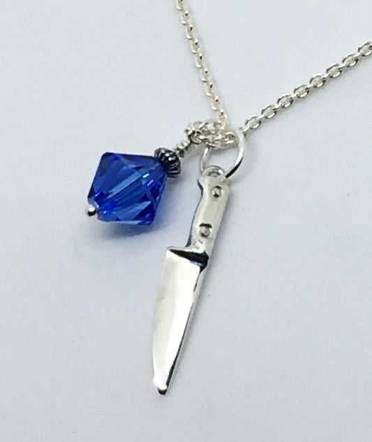 Chef Knife Necklace with Swarovski Blue Crystal Dangle