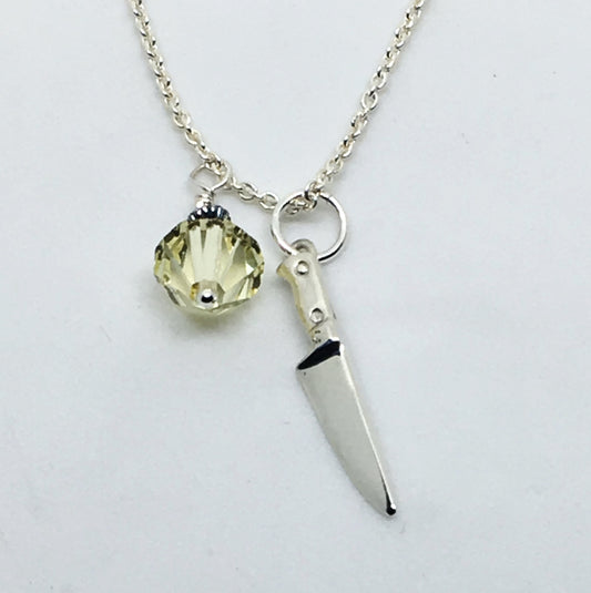 Chef's Knife Pendant Necklace with Yellow Swarovski Crystal Charm