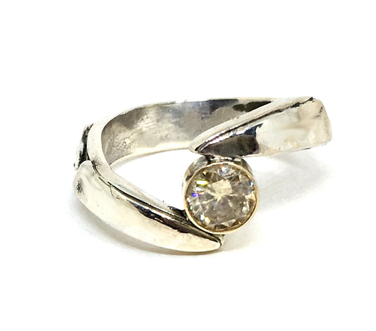 Chef engagement knife ring with yellow moissanite in sterling silver and 14K yellow gold