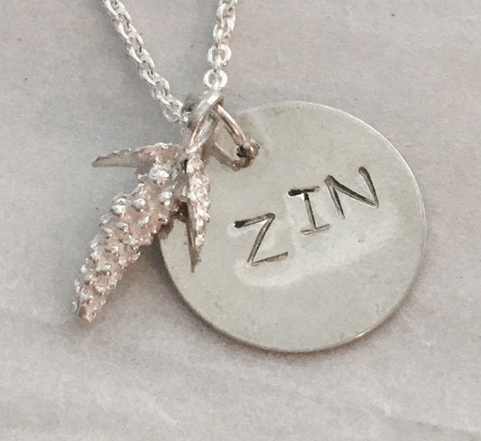 Sterling wine lover necklace with grapes and zinfandel charm