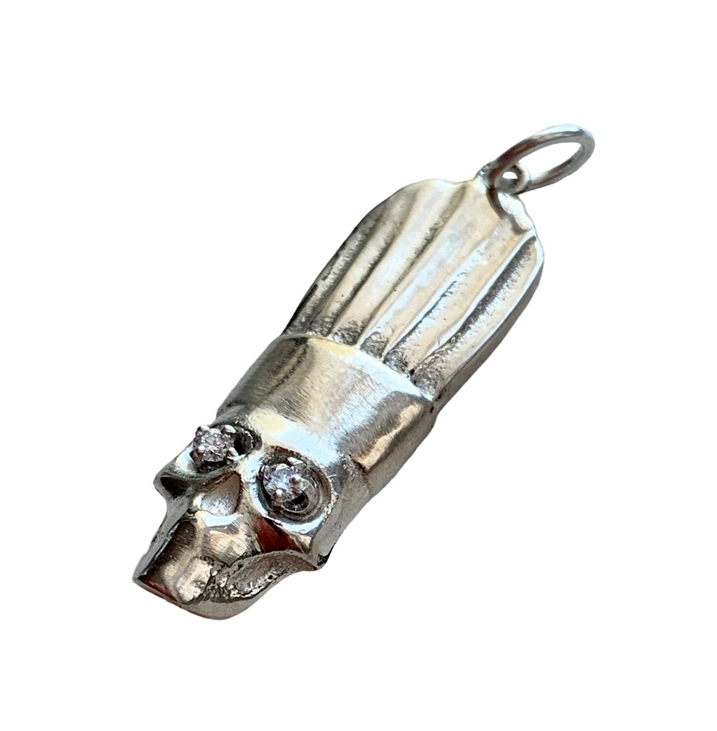 Chef Skull Charm in Sterling Silver with Lab Created Diamond Eyes