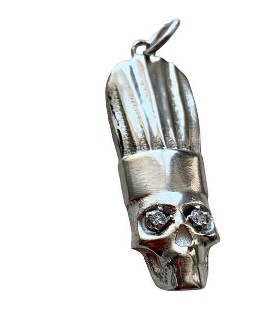 Chef Skull Charm in Sterling Silver with Lab Created Diamond Eyes