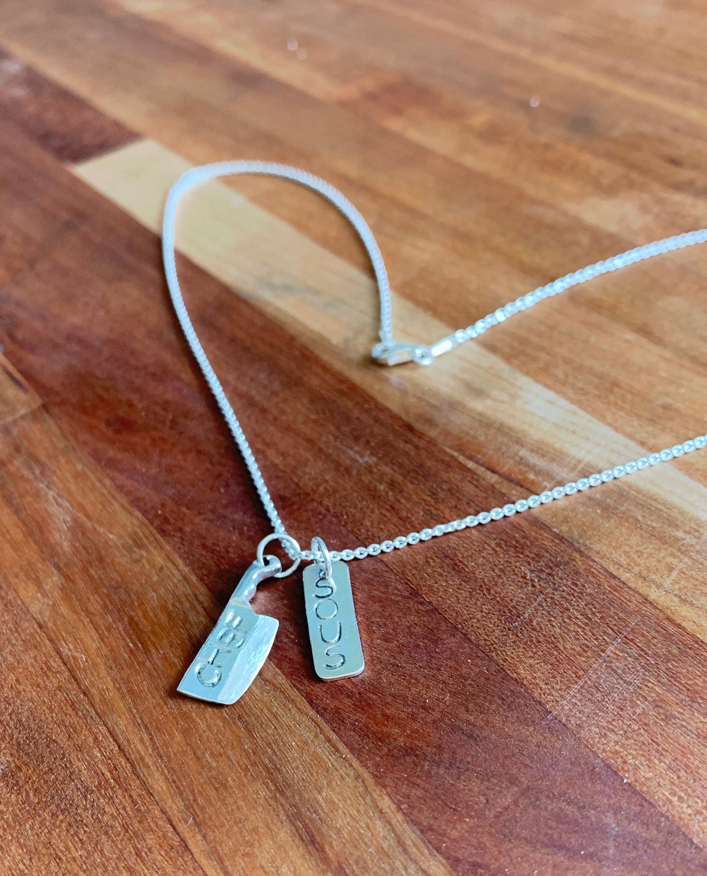 Hand Stamped Sous Chef Knife and Dog Tag Pendant Necklace