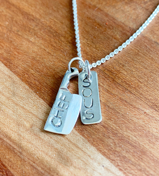 cleaver charm stamped chef and dog tag atamped sous on a cable chain 