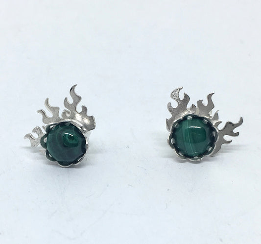 fire earrings with malachite gemstones  in sterling silver