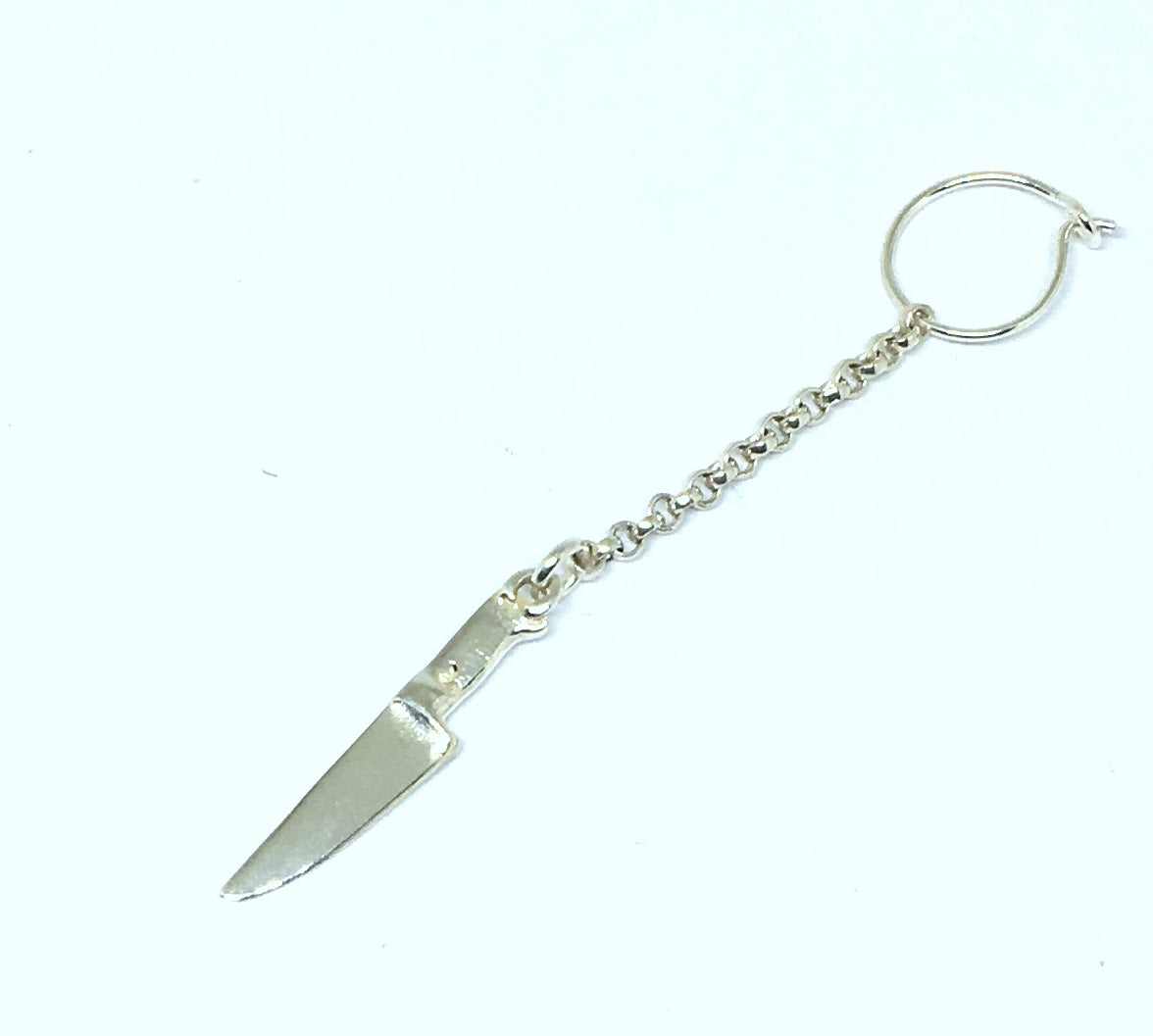 Single Long Chain Chef Knife Hoop Earring in Sterling Silver