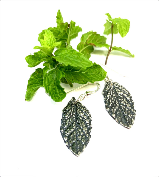 mint leaf earrings in sterling silver with frecnch earwires