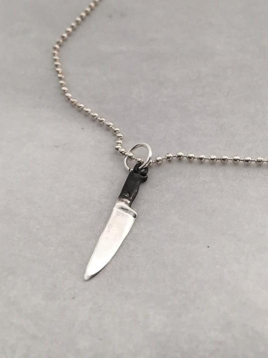 Sterling Chef Knife Pendant Necklace with Black Handle and Bead Chain