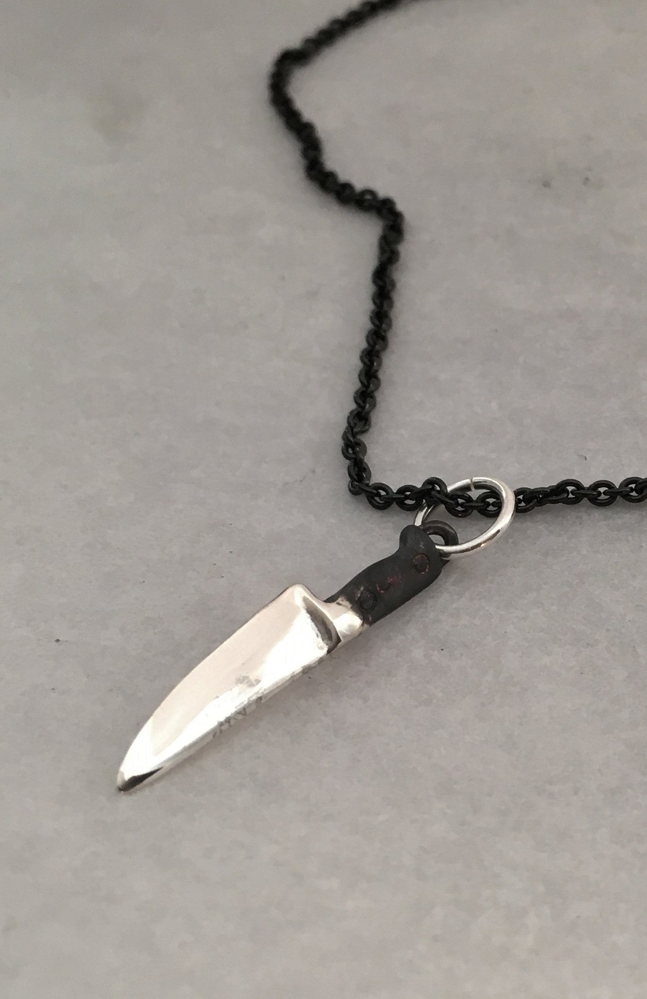 Sterling Chef Knife Pendant Necklace with Black Handle on Black Silver Chain