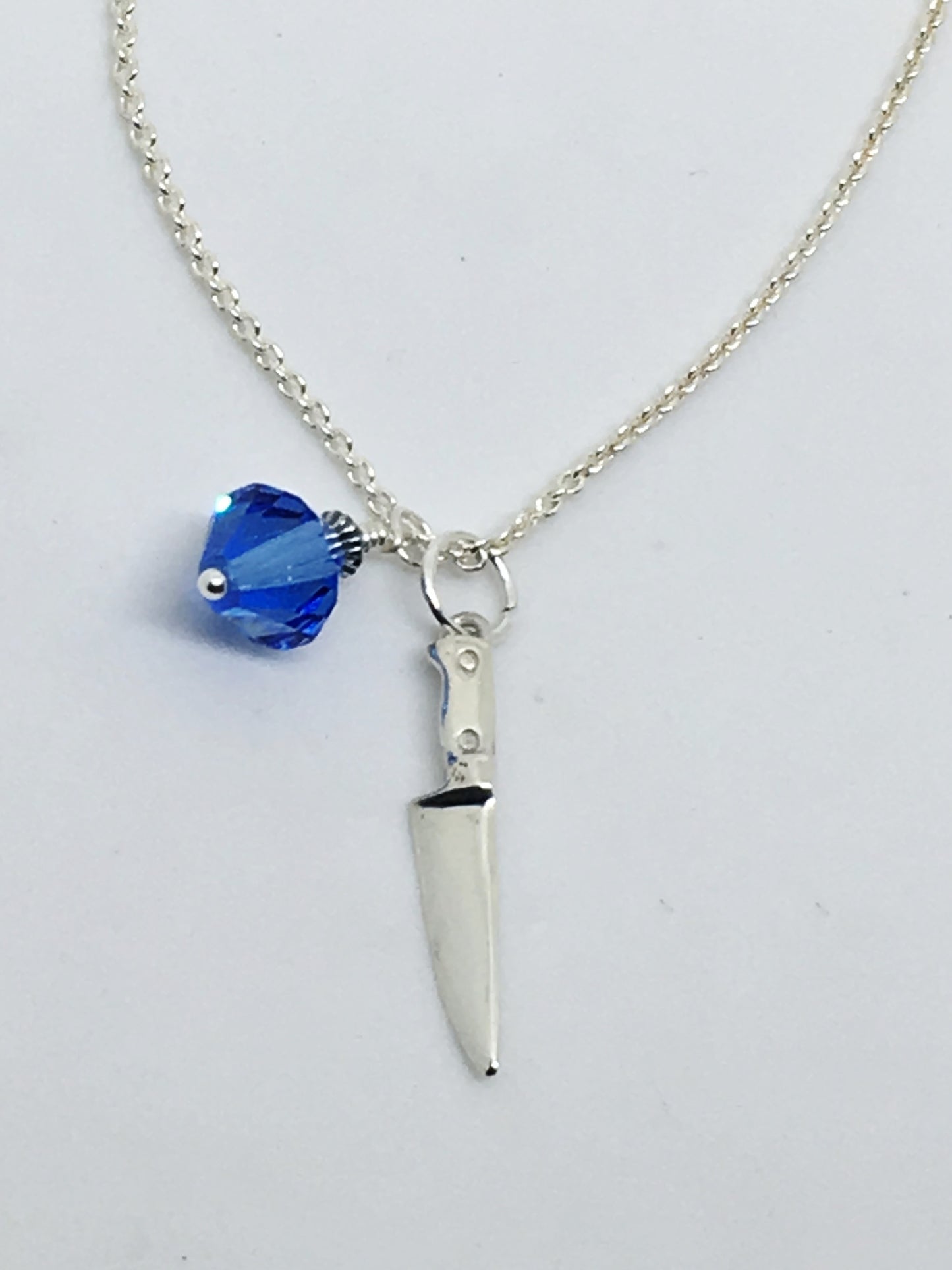 Chef Knife Necklace with Swarovski Blue Crystal Dangle